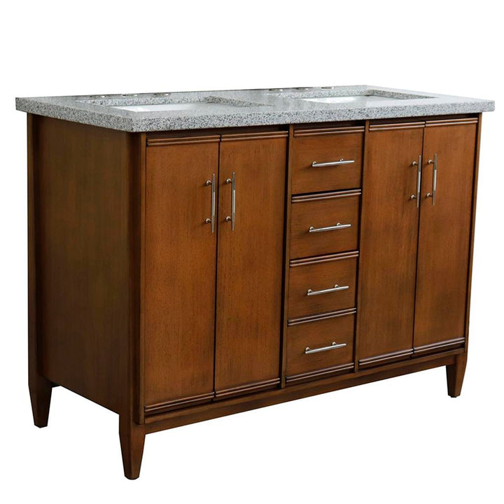 Bellaterra MCM 49" Double Vanity, Walnut, Gray Granite Top/Rectangle Sink