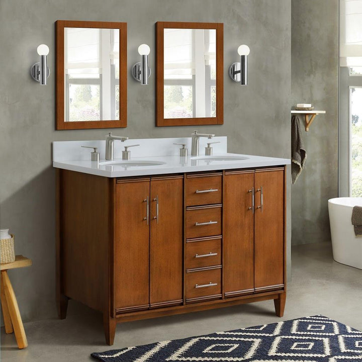 Bellaterra MCM 49" Double Vanity, Walnut, White Quartz Top/Oval Sink