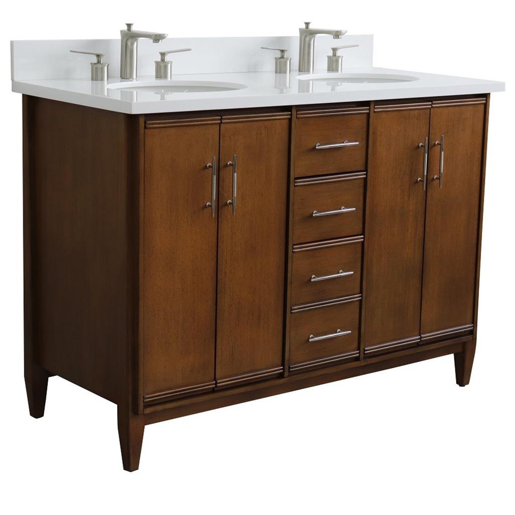 Bellaterra MCM 49" Double Vanity, Walnut, White Quartz Top/Oval Sink