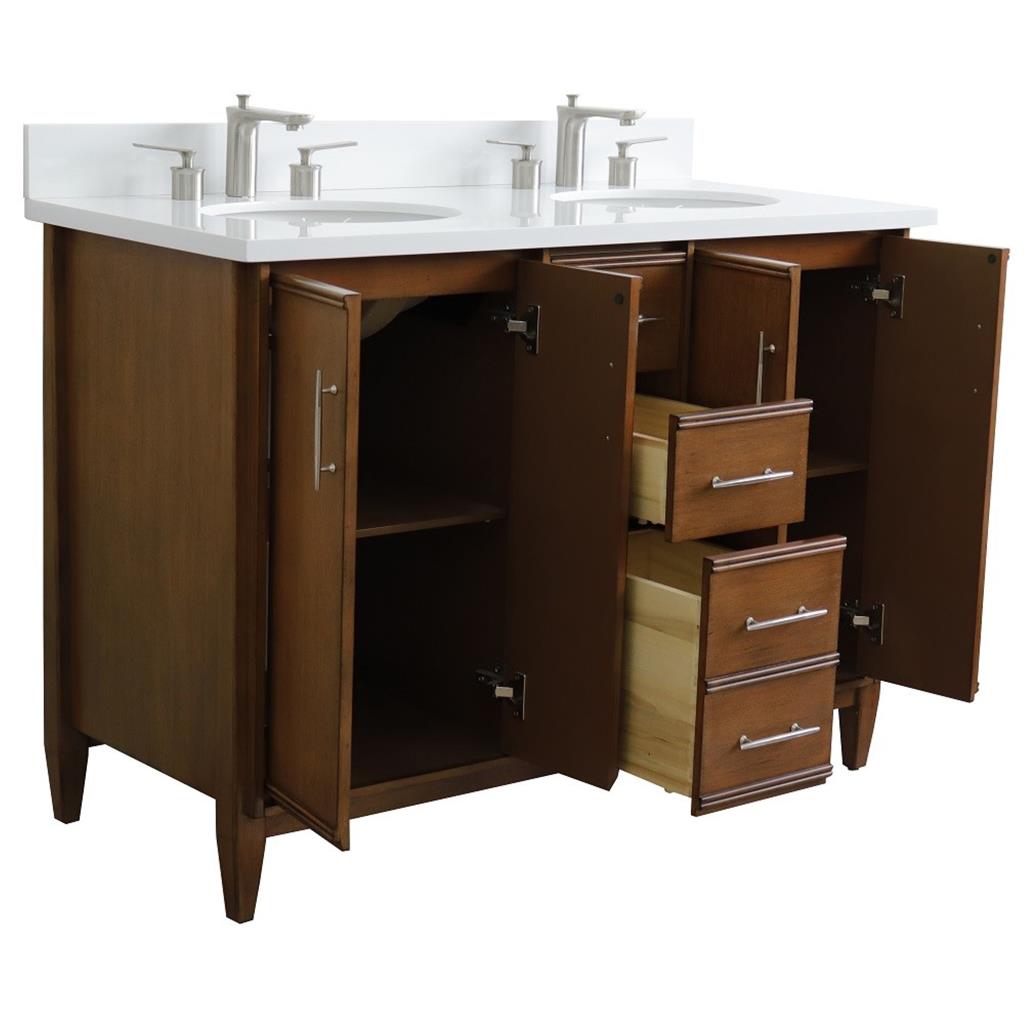 Bellaterra MCM 49" Double Vanity, Walnut, White Quartz Top/Oval Sink