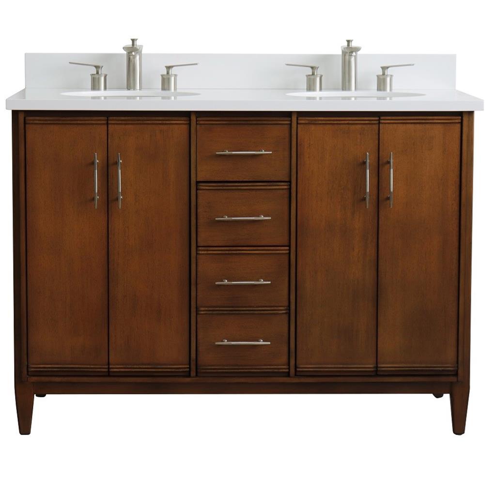 Bellaterra MCM 49" Double Vanity, Walnut, White Quartz Top/Oval Sink