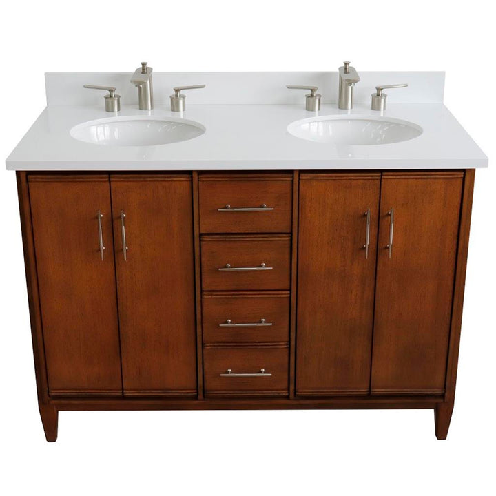 Bellaterra MCM 49" Double Vanity, Walnut, White Quartz Top/Oval Sink