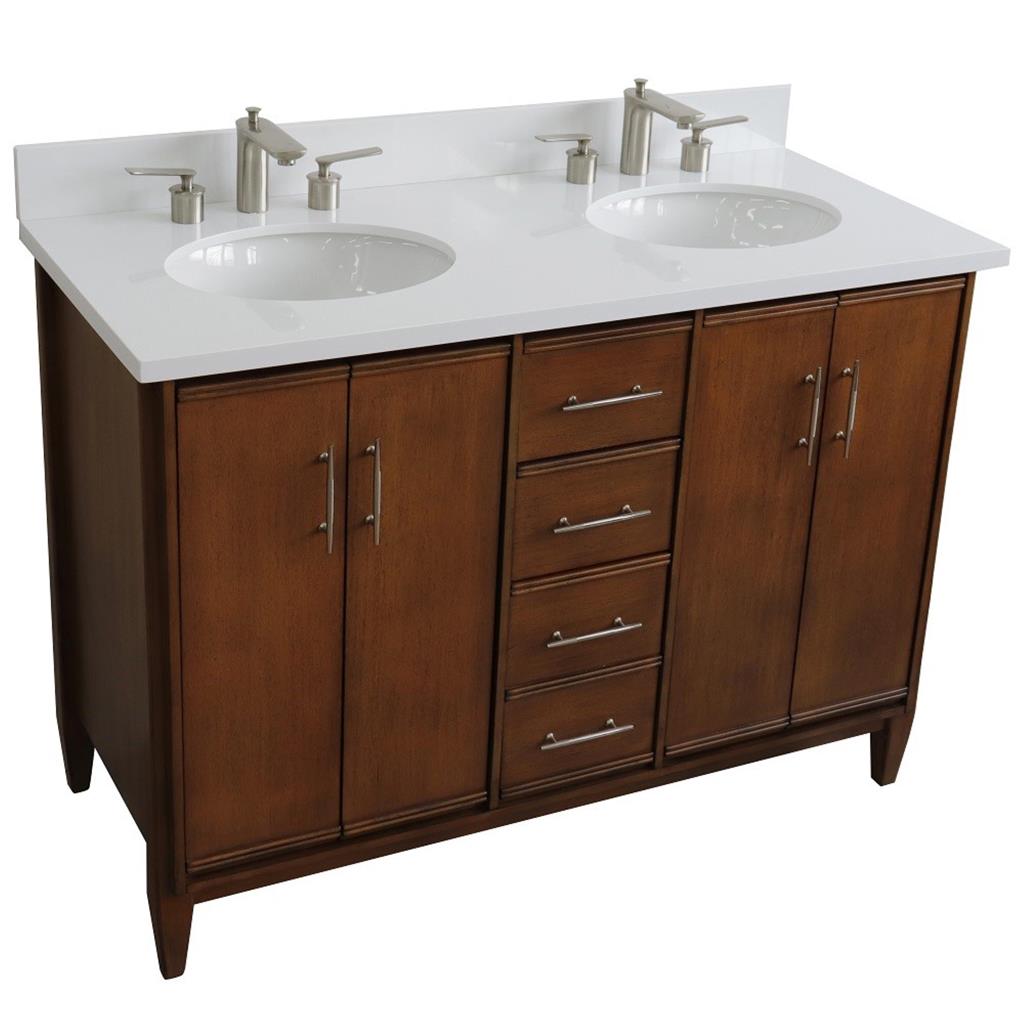 Bellaterra MCM 49" Double Vanity, Walnut, White Quartz Top/Oval Sink