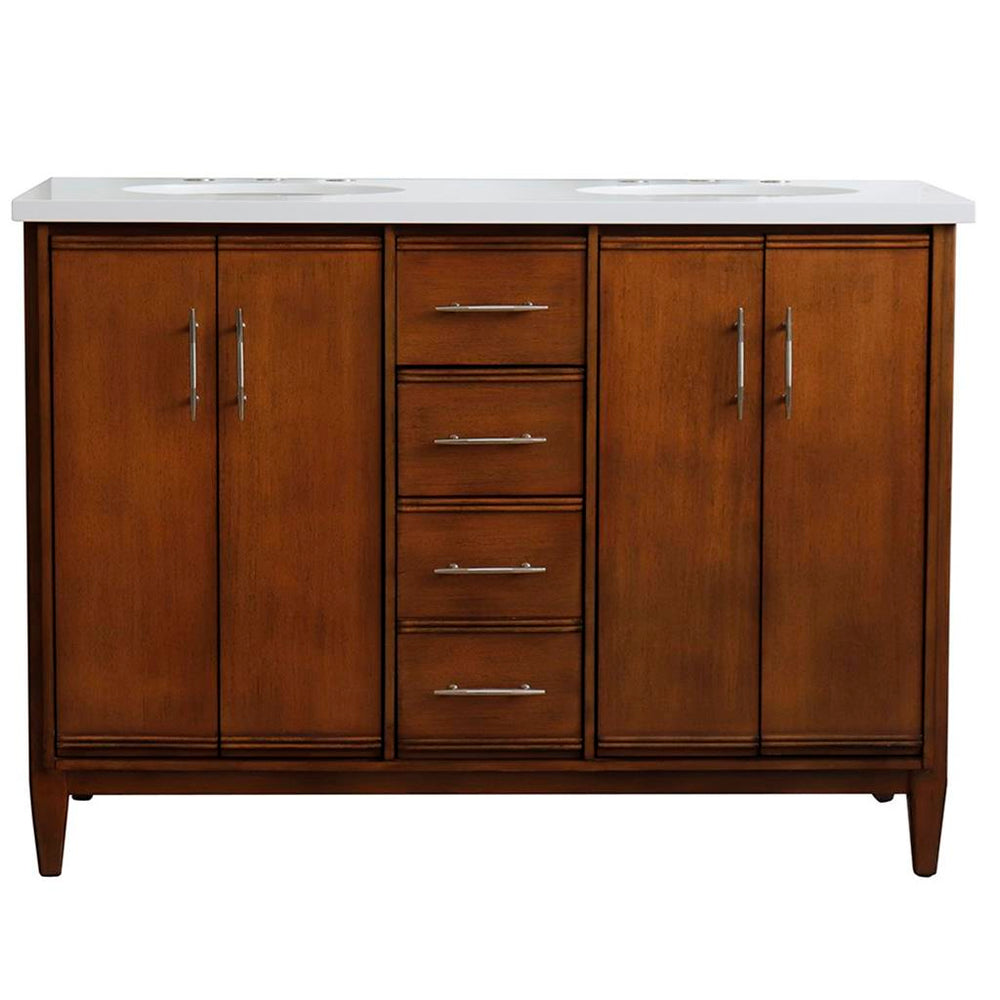 Bellaterra MCM 49" Double Vanity, Walnut, White Quartz Top/Oval Sink