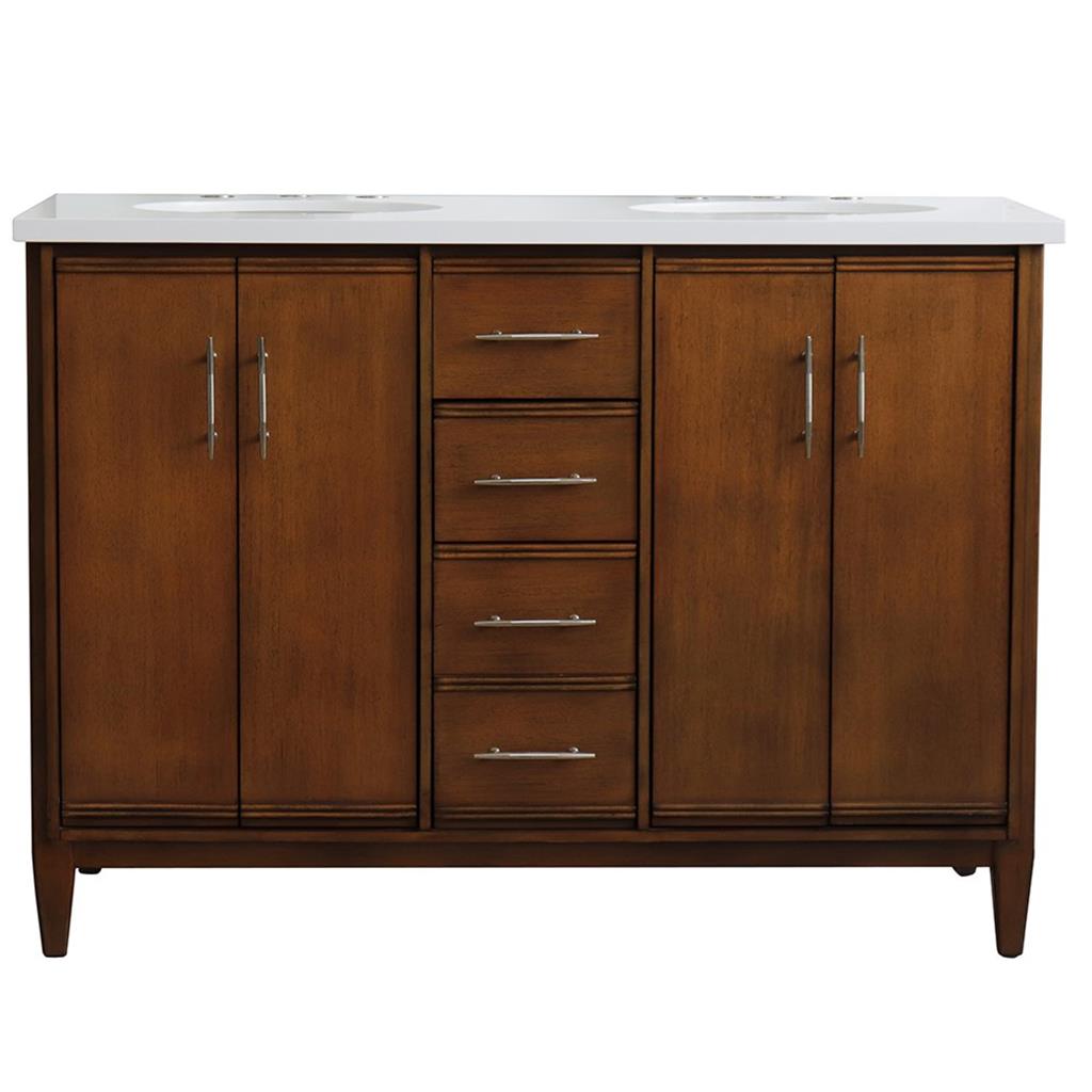 Bellaterra MCM 49" Double Vanity, Walnut, White Quartz Top/Oval Sink