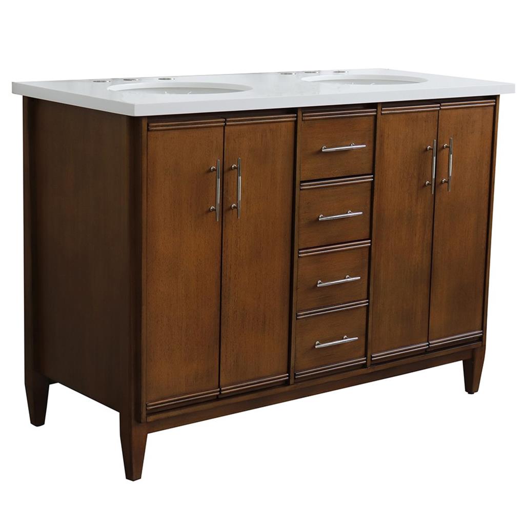 Bellaterra MCM 49" Double Vanity, Walnut, White Quartz Top/Oval Sink