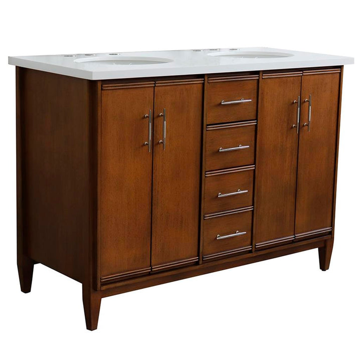 Bellaterra MCM 49" Double Vanity, Walnut, White Quartz Top/Oval Sink