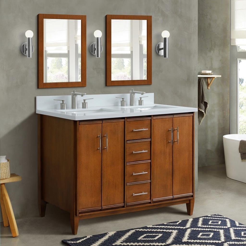 Bellaterra MCM 49" Double Vanity, Walnut, White Quartz Top/Rectangle Sink