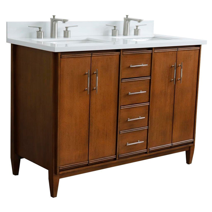 Bellaterra MCM 49" Double Vanity, Walnut, White Quartz Top/Rectangle Sink