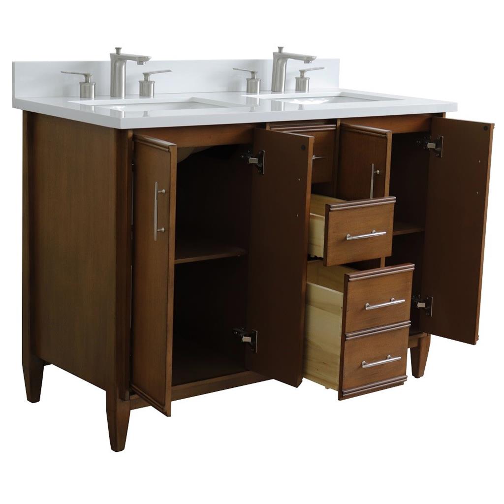 Bellaterra MCM 49" Double Vanity, Walnut, White Quartz Top/Rectangle Sink