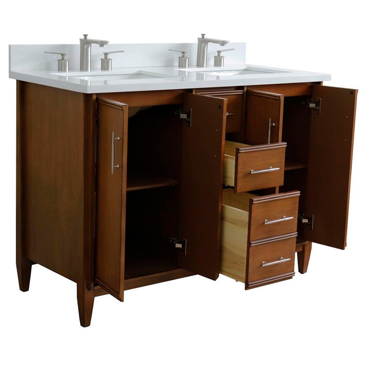 Bellaterra MCM 49" Double Vanity, Walnut, White Quartz Top/Rectangle Sink