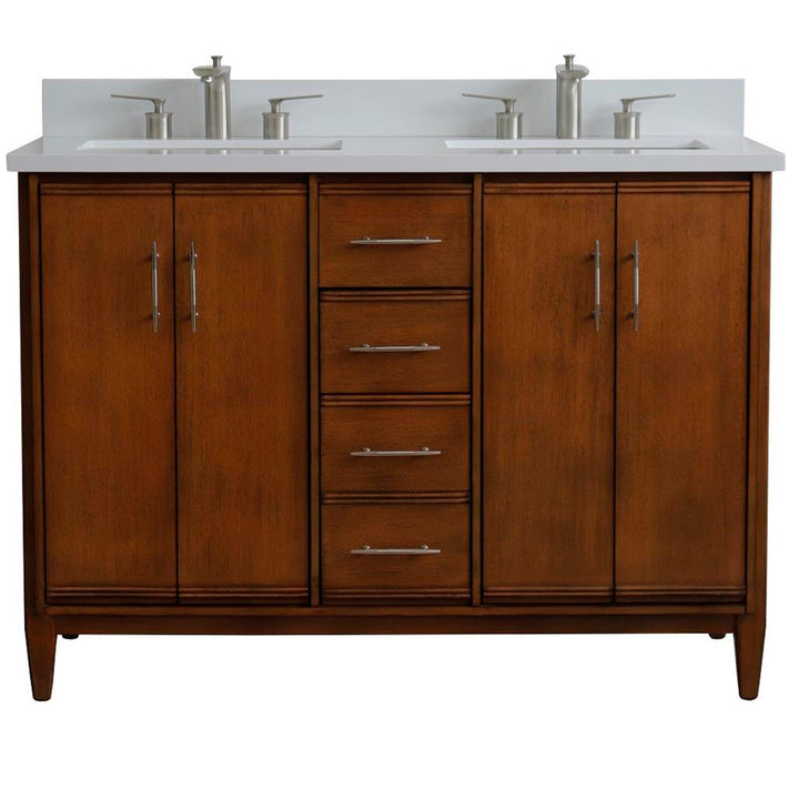 Bellaterra MCM 49" Double Vanity, Walnut, White Quartz Top/Rectangle Sink