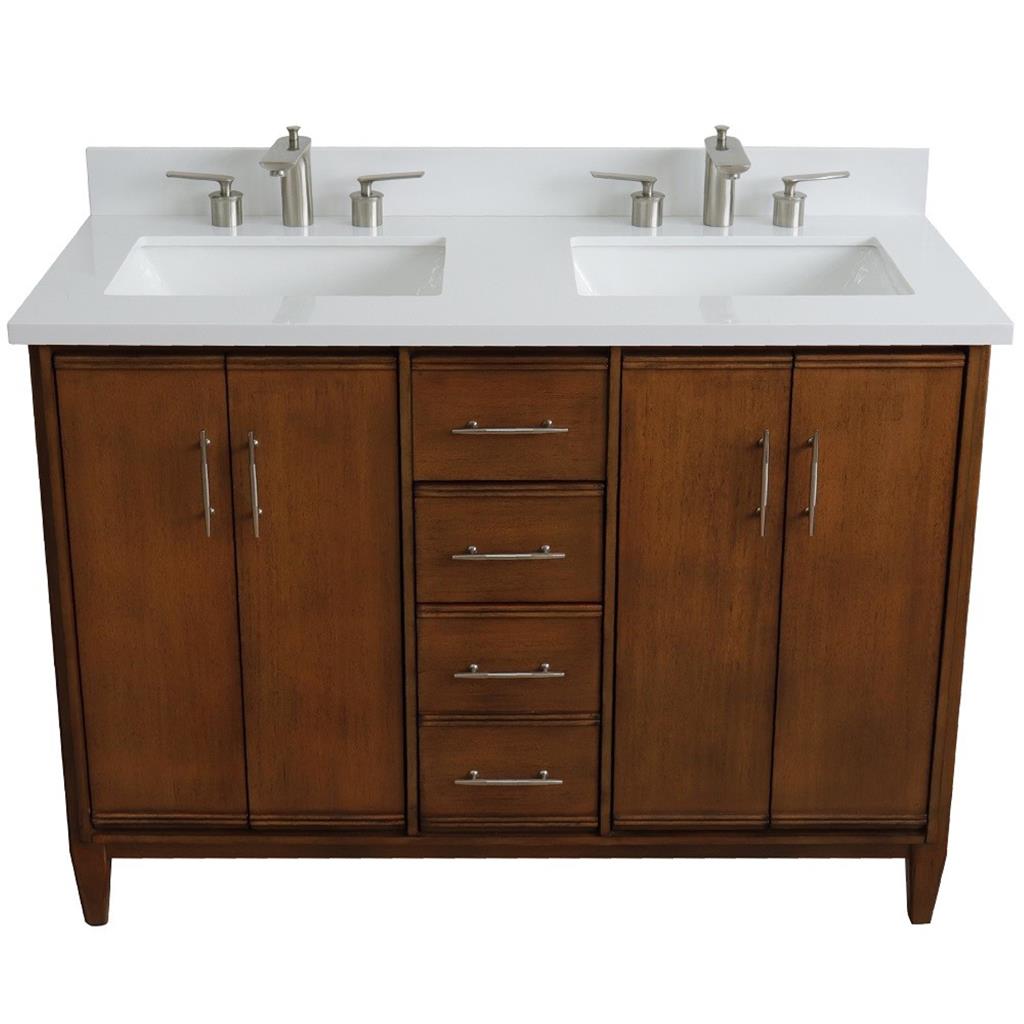 Bellaterra MCM 49" Double Vanity, Walnut, White Quartz Top/Rectangle Sink