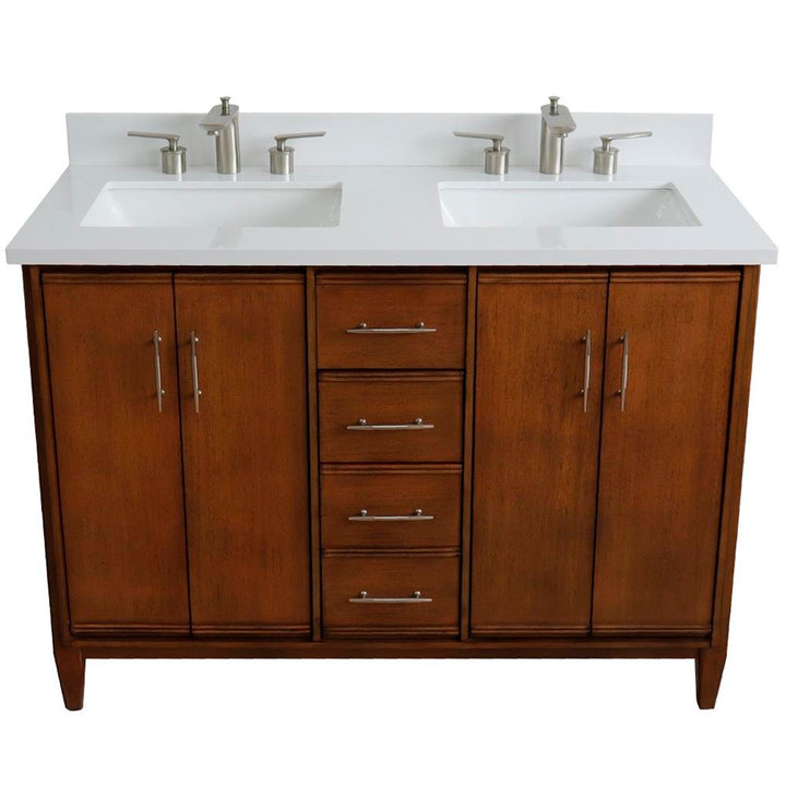 Bellaterra MCM 49" Double Vanity, Walnut, White Quartz Top/Rectangle Sink