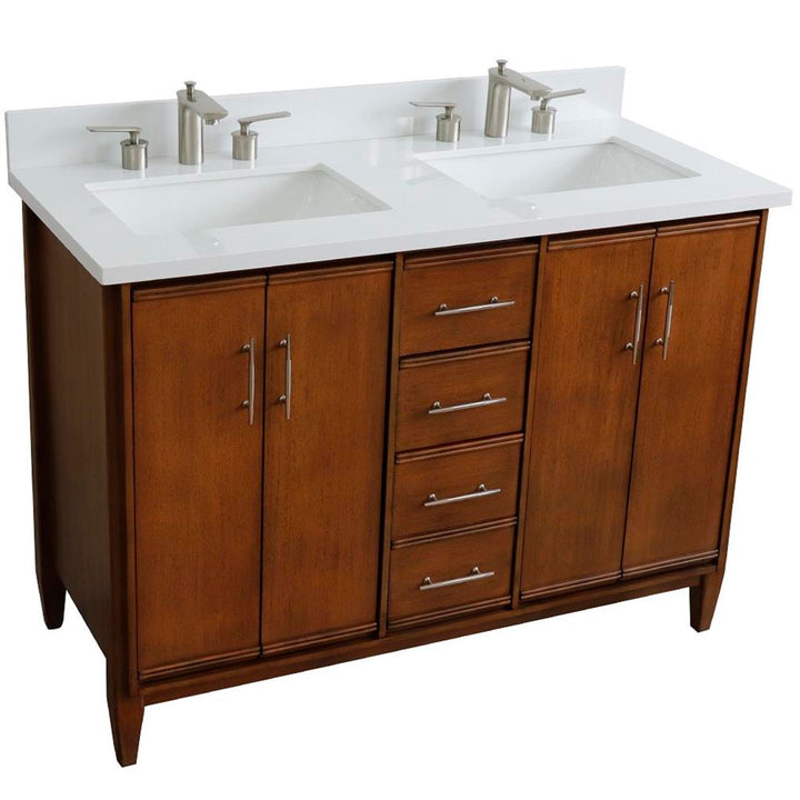 Bellaterra MCM 49" Double Vanity, Walnut, White Quartz Top/Rectangle Sink