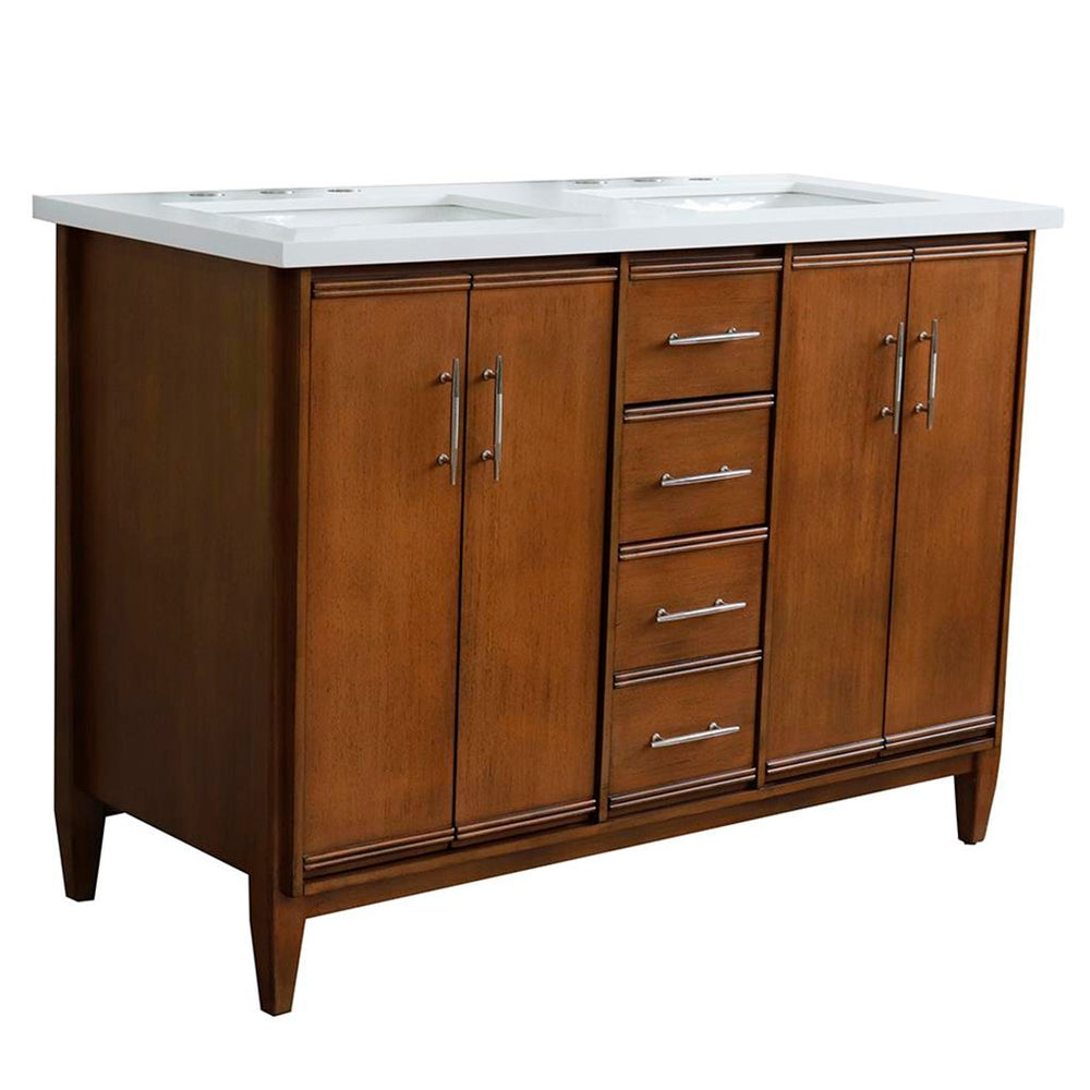 Bellaterra MCM 49" Double Vanity, Walnut, White Quartz Top/Rectangle Sink