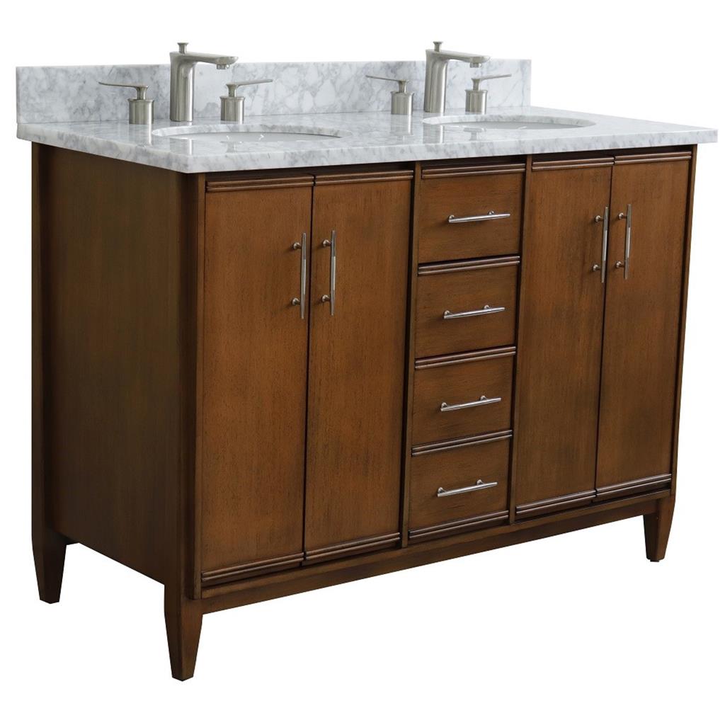 Bellaterra MCM 49" Double Vanity, Walnut, White Carrara Marble Top/Oval Sink