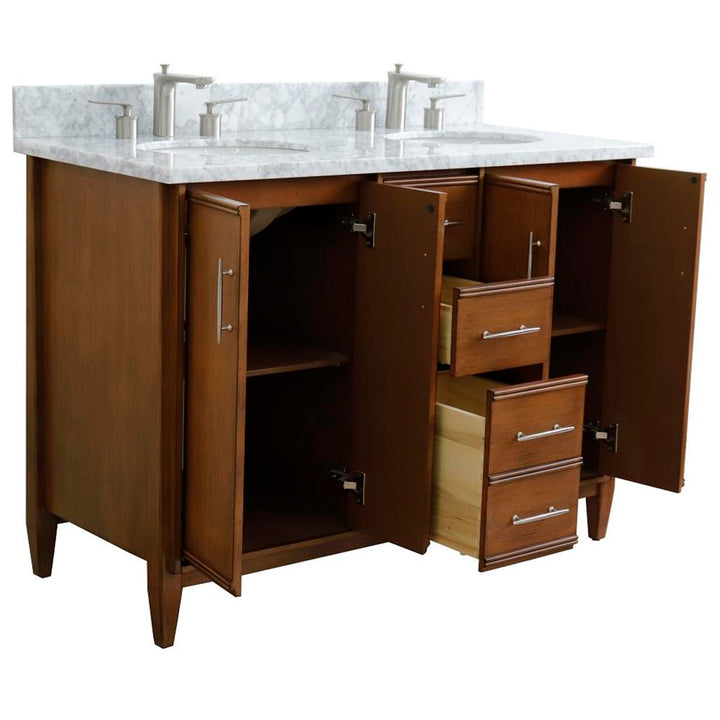 Bellaterra MCM 49" Double Vanity, Walnut, White Carrara Marble Top/Oval Sink