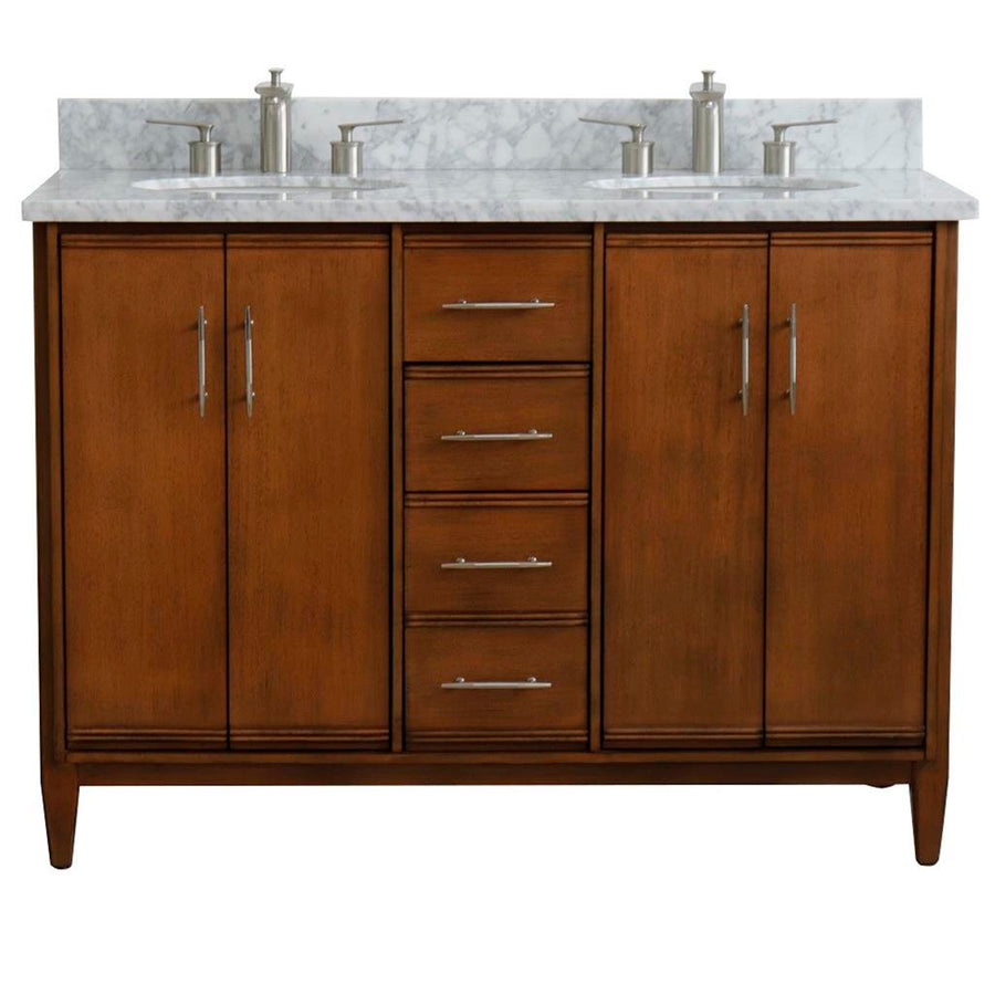 Bellaterra MCM 49" Double Vanity, Walnut, White Carrara Marble Top/Oval Sink