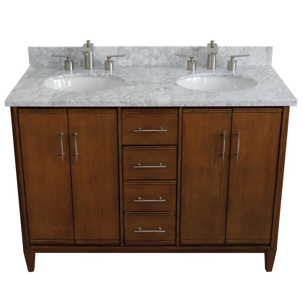 Bellaterra MCM 49" Double Vanity, Walnut, White Carrara Marble Top/Oval Sink