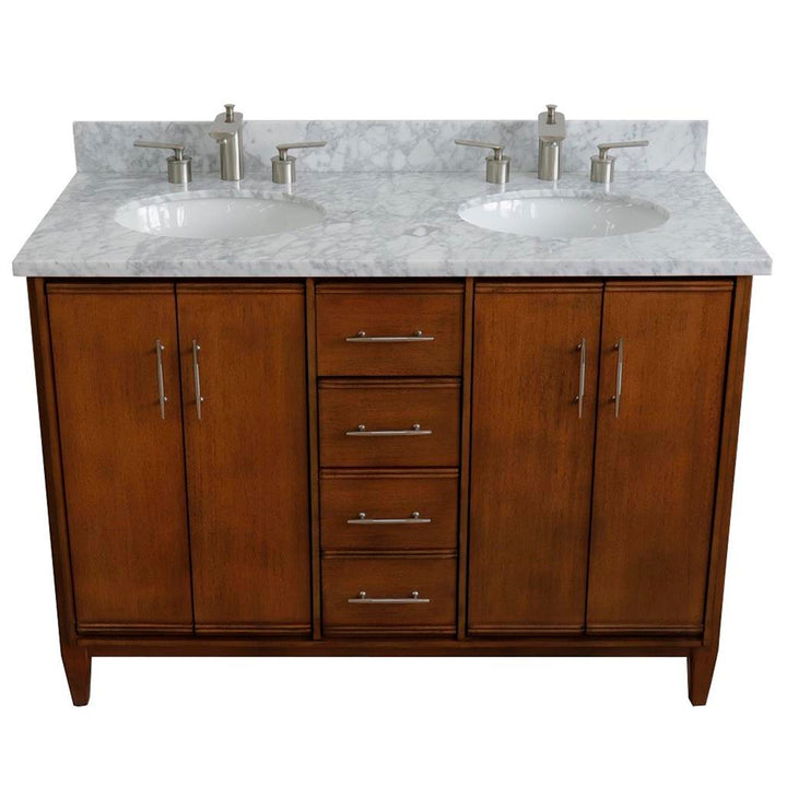 Bellaterra MCM 49" Double Vanity, Walnut, White Carrara Marble Top/Oval Sink