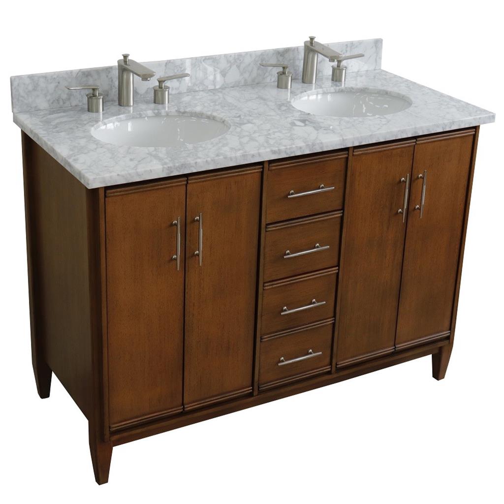 Bellaterra MCM 49" Double Vanity, Walnut, White Carrara Marble Top/Oval Sink