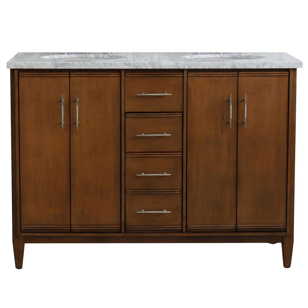 Bellaterra MCM 49" Double Vanity, Walnut, White Carrara Marble Top/Oval Sink