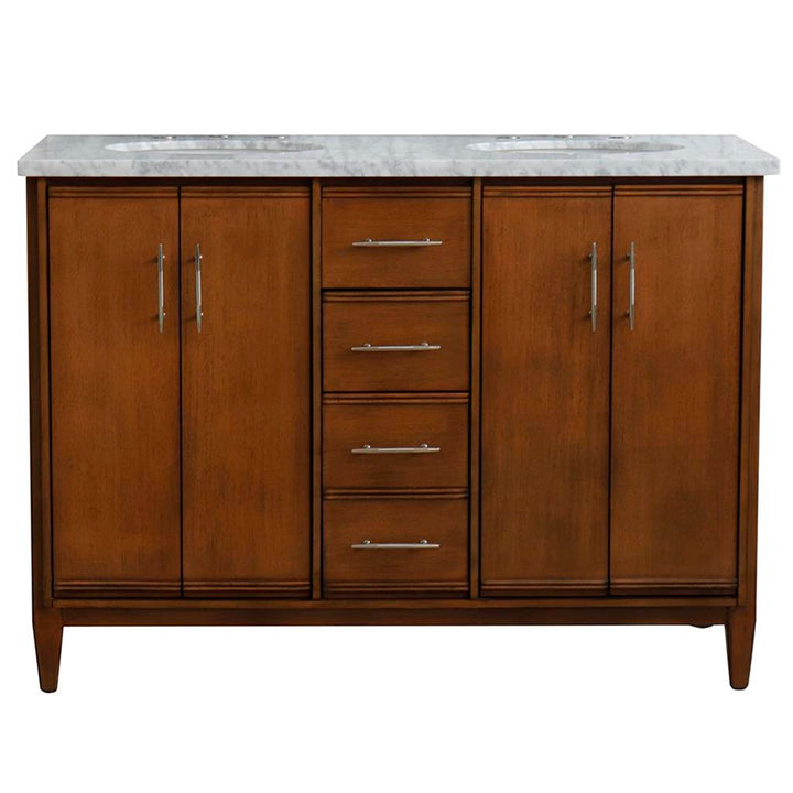 Bellaterra MCM 49" Double Vanity, Walnut, White Carrara Marble Top/Oval Sink