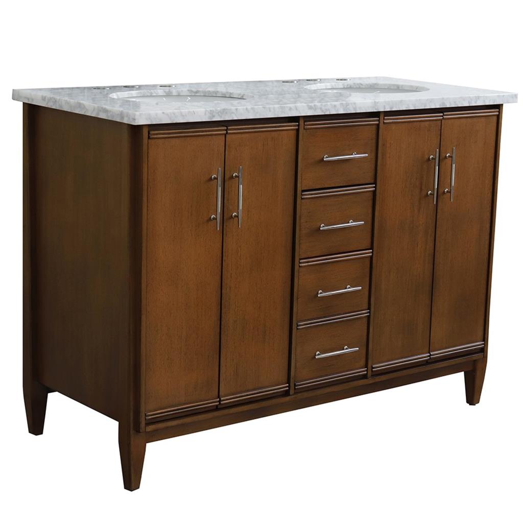 Bellaterra MCM 49" Double Vanity, Walnut, White Carrara Marble Top/Oval Sink