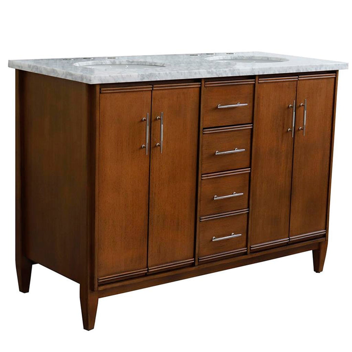 Bellaterra MCM 49" Double Vanity, Walnut, White Carrara Marble Top/Oval Sink