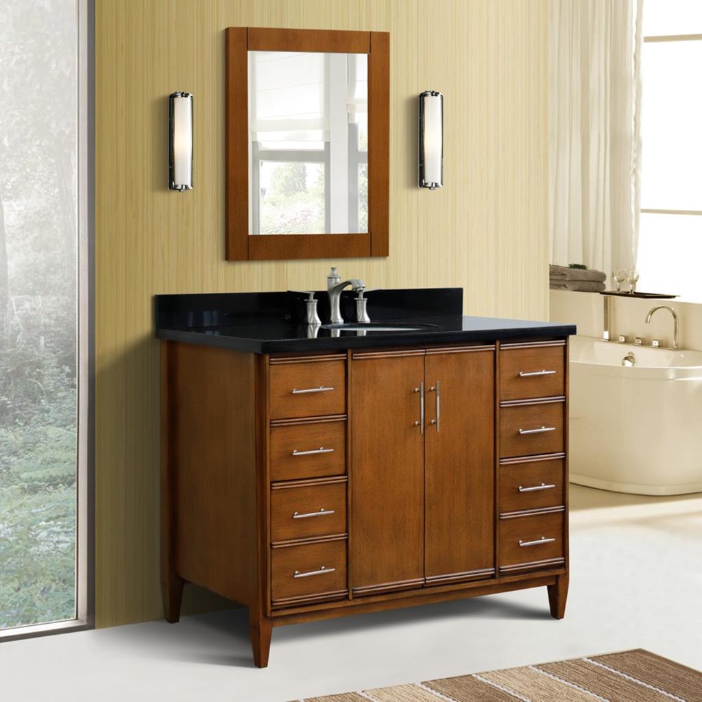 Bellaterra MCM 49" Single Vanity, Walnut, Black Galaxy Granite Top/Oval Sink