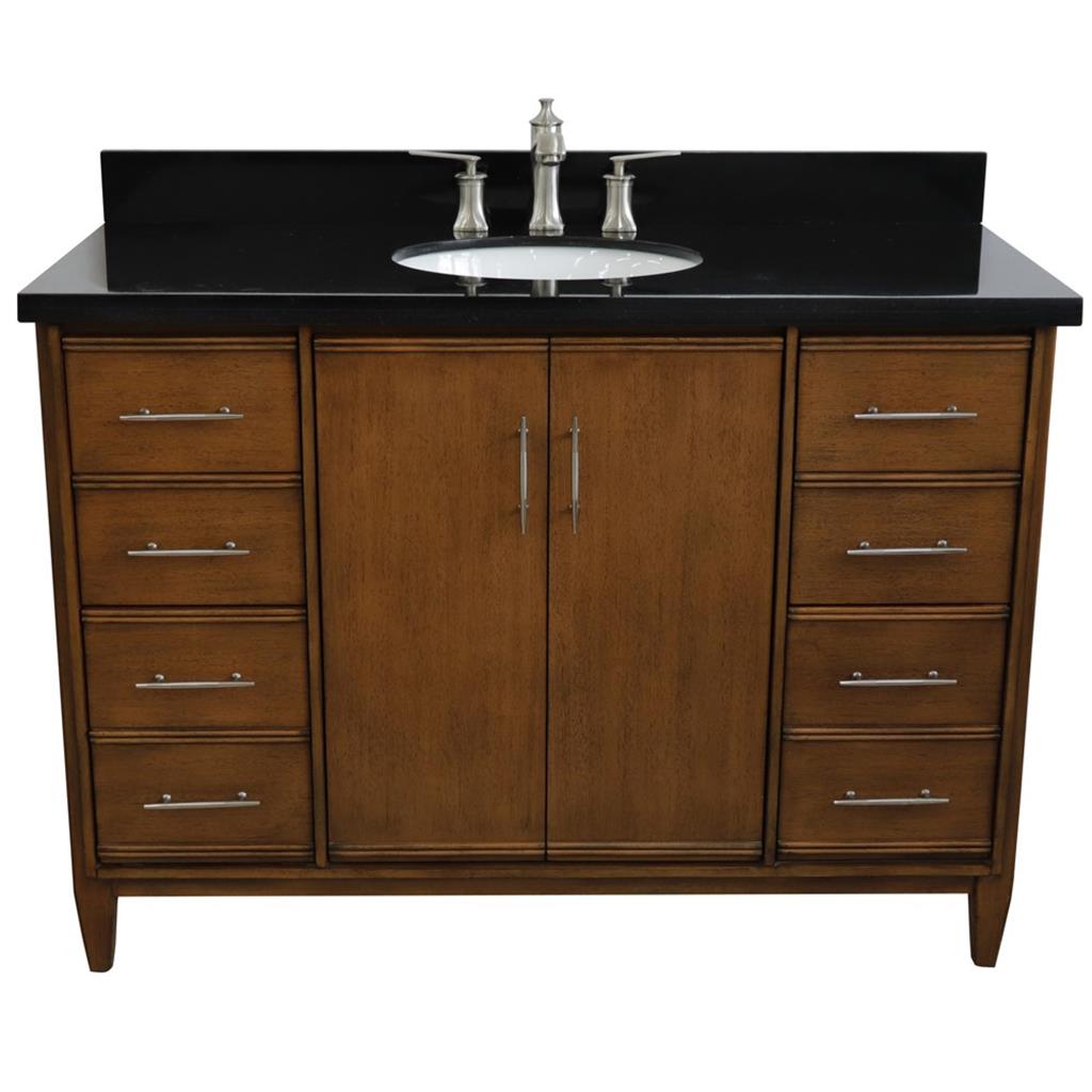 Bellaterra MCM 49" Single Vanity, Walnut, Black Galaxy Granite Top/Oval Sink