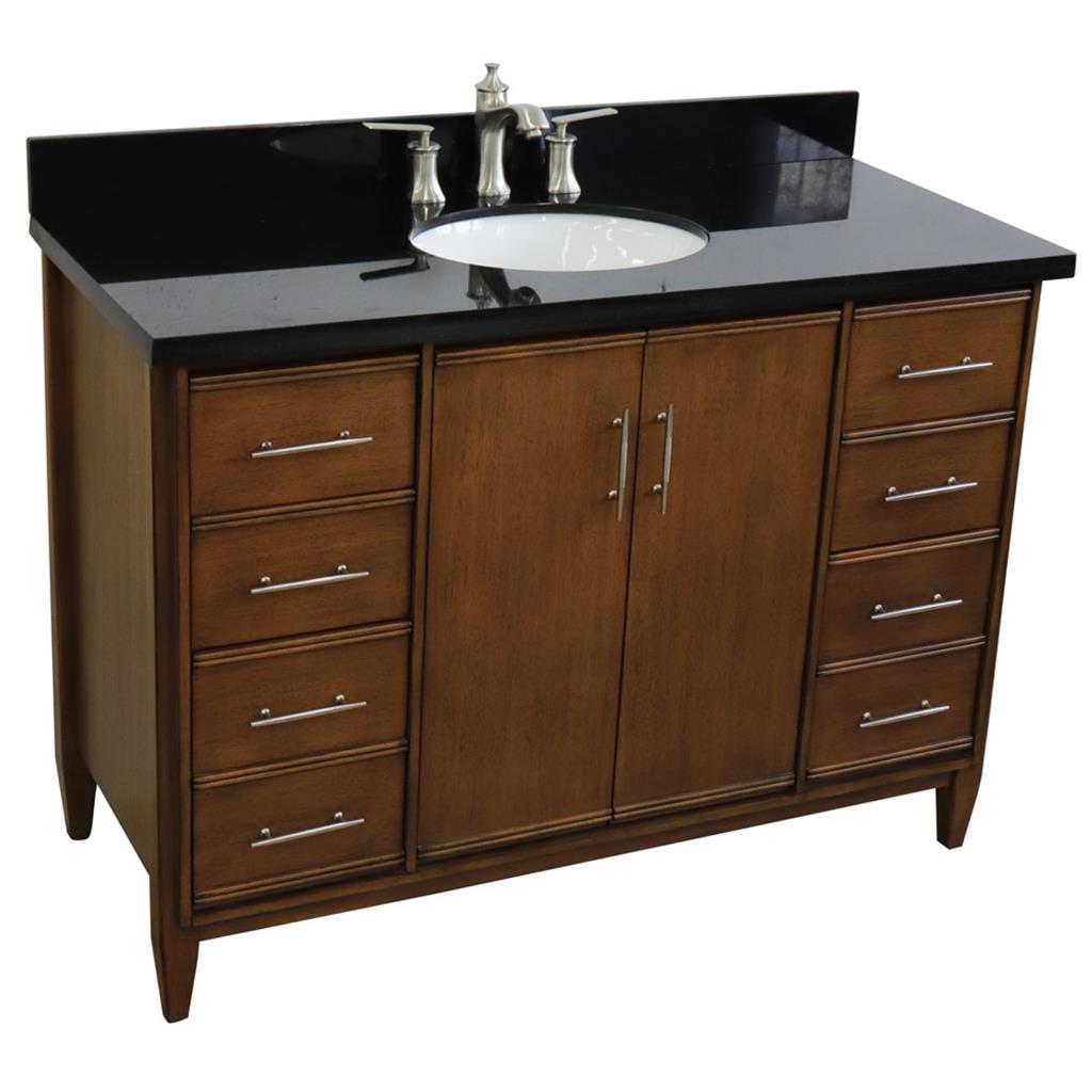 Bellaterra MCM 49" Single Vanity, Walnut, Black Galaxy Granite Top/Oval Sink