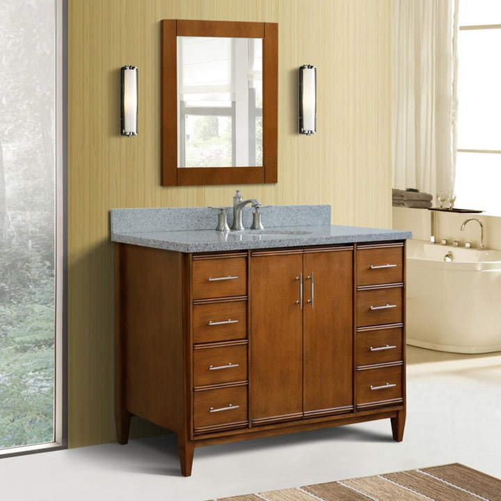 Bellaterra MCM 49" Single Vanity, Walnut, Gray Granite Top/Oval Sink