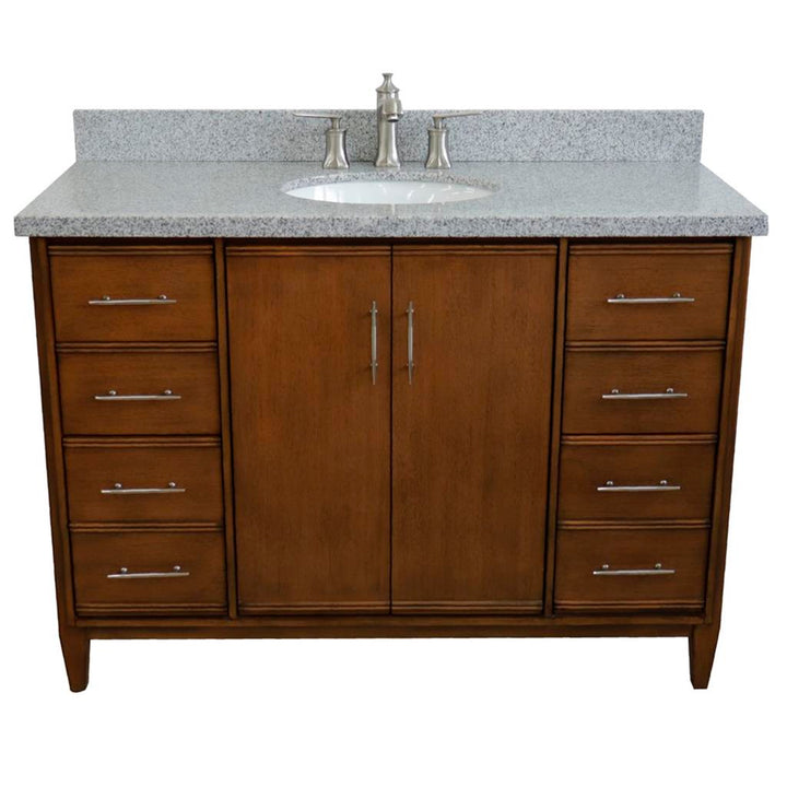 Bellaterra MCM 49" Single Vanity, Walnut, Gray Granite Top/Oval Sink