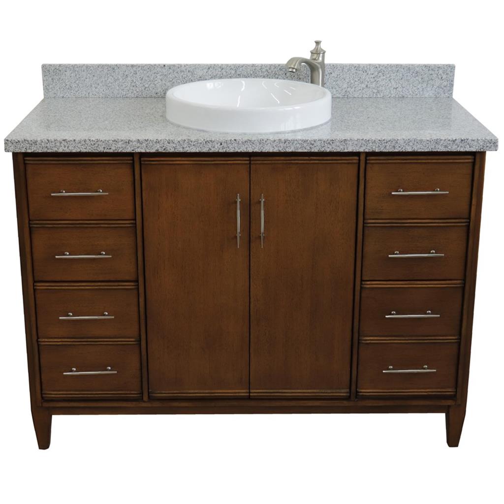 Bellaterra MCM 49" Single Vanity, Walnut, Gray Granite Top/Round Sink