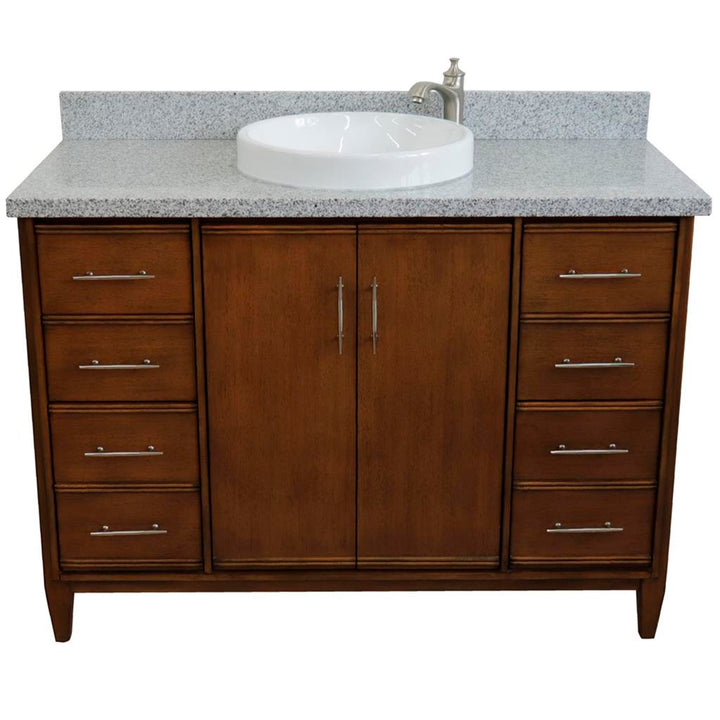 Bellaterra MCM 49" Single Vanity, Walnut, Gray Granite Top/Round Sink