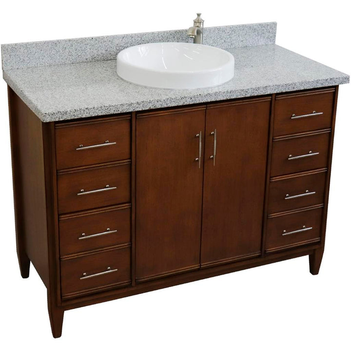 Bellaterra MCM 49" Single Vanity, Walnut, Gray Granite Top/Round Sink