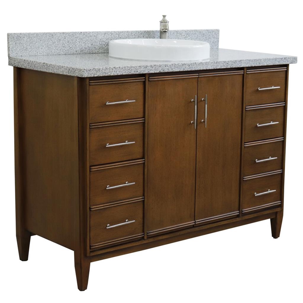 Bellaterra MCM 49" Single Vanity, Walnut, Gray Granite Top/Round Sink