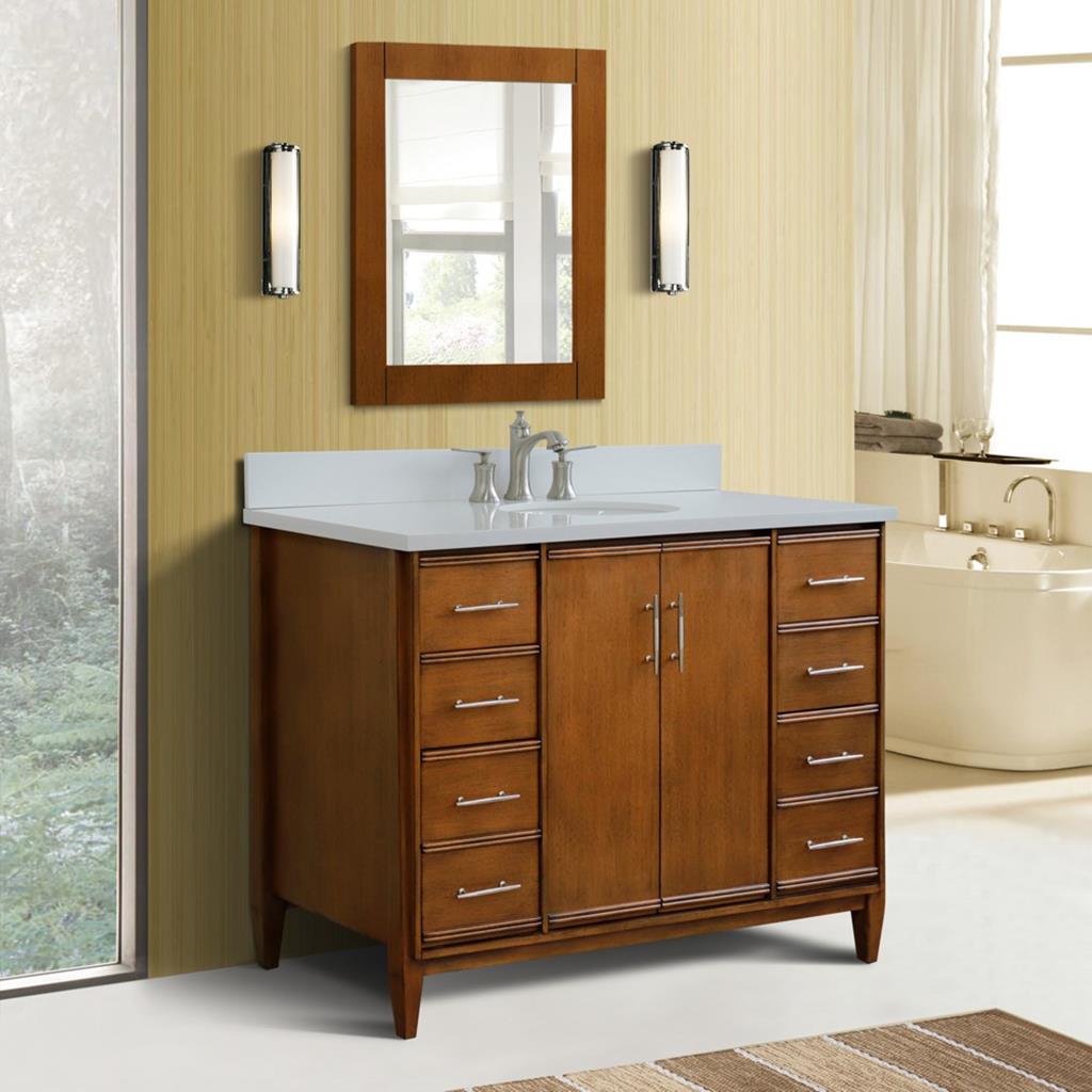 Bellaterra MCM 49" Single Vanity, Walnut, White Quartz Top/Oval Sink