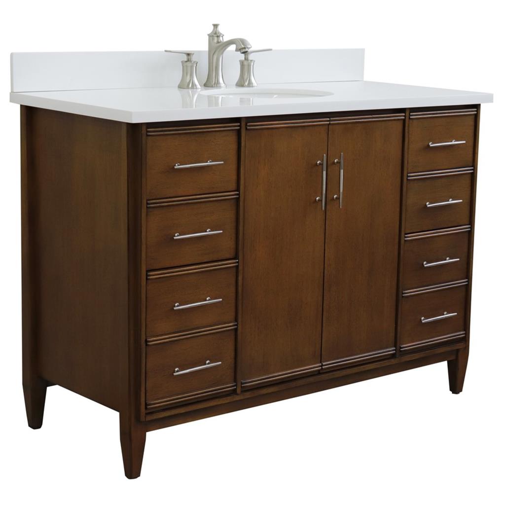 Bellaterra MCM 49" Single Vanity, Walnut, White Quartz Top/Oval Sink