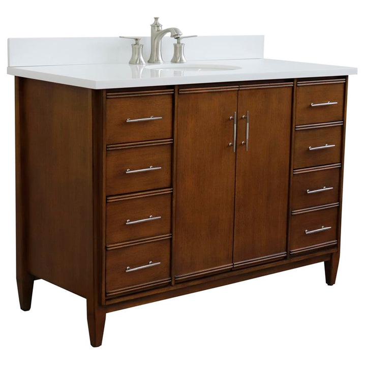 Bellaterra MCM 49" Single Vanity, Walnut, White Quartz Top/Oval Sink