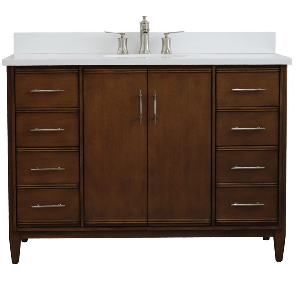 Bellaterra MCM 49" Single Vanity, Walnut, White Quartz Top/Oval Sink