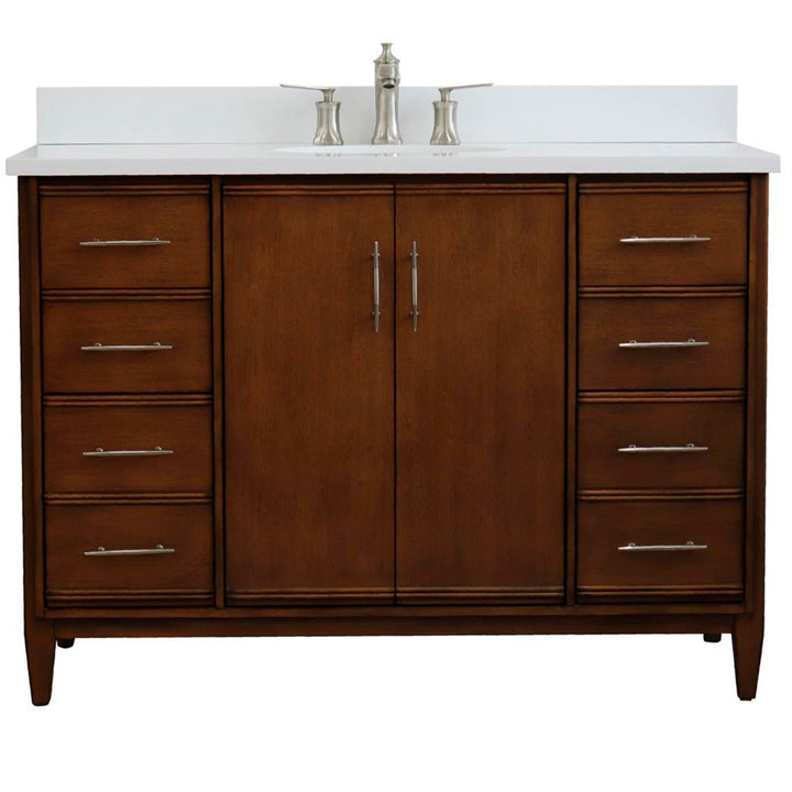 Bellaterra MCM 49" Single Vanity, Walnut, White Quartz Top/Oval Sink