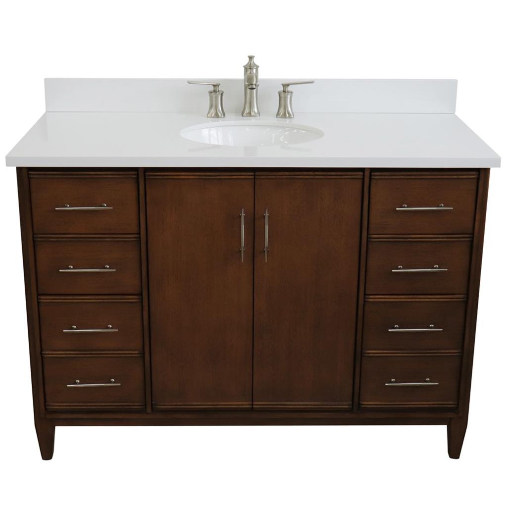 Bellaterra MCM 49" Single Vanity, Walnut, White Quartz Top/Oval Sink