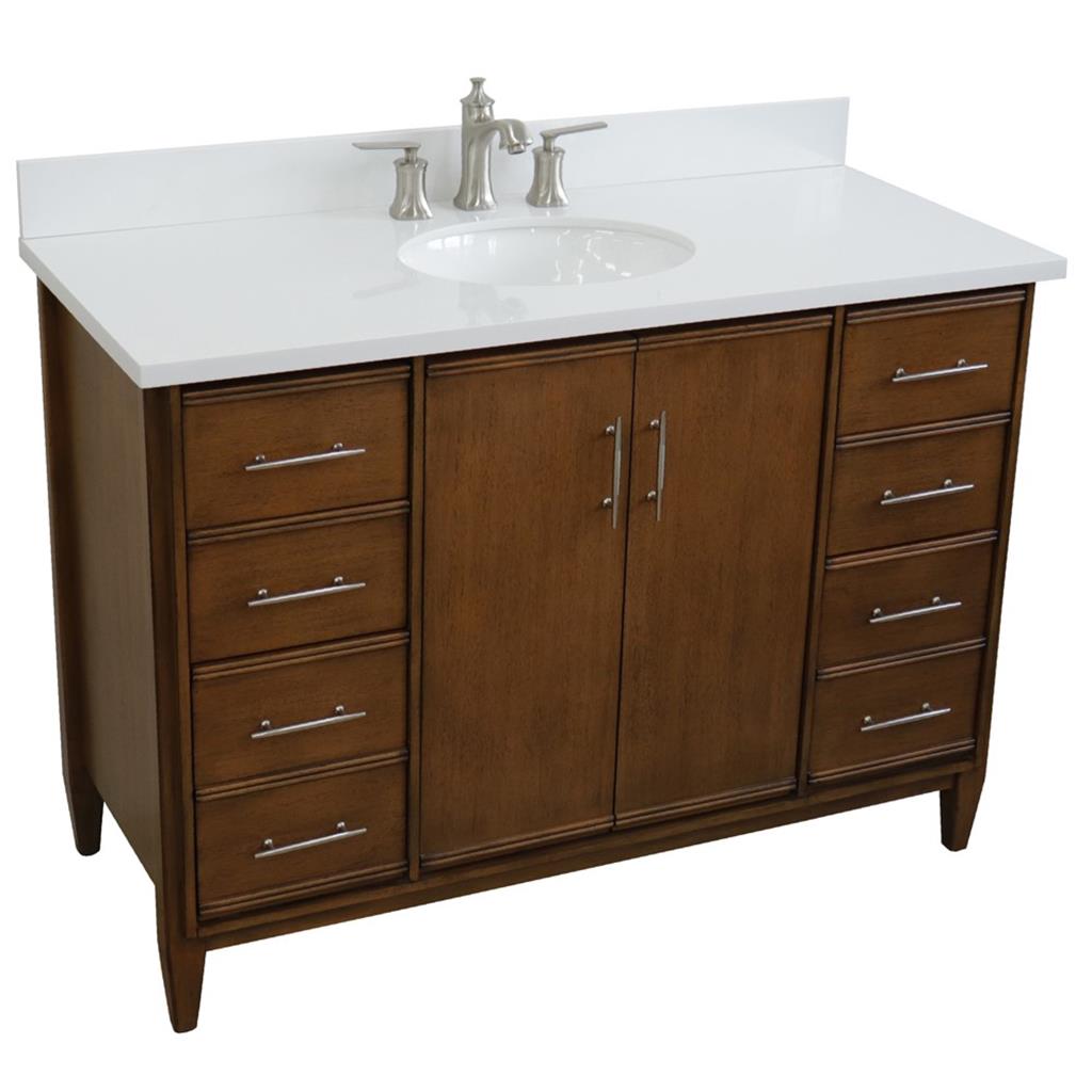 Bellaterra MCM 49" Single Vanity, Walnut, White Quartz Top/Oval Sink