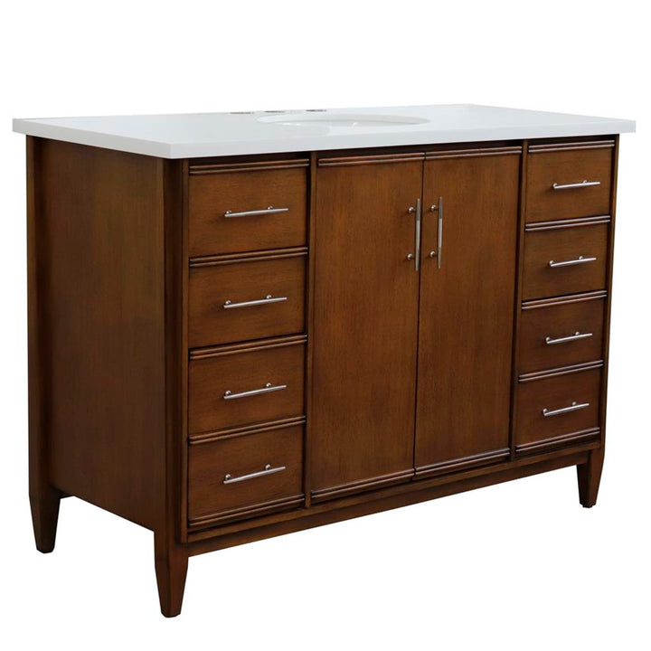 Bellaterra MCM 49" Single Vanity, Walnut, White Quartz Top/Oval Sink