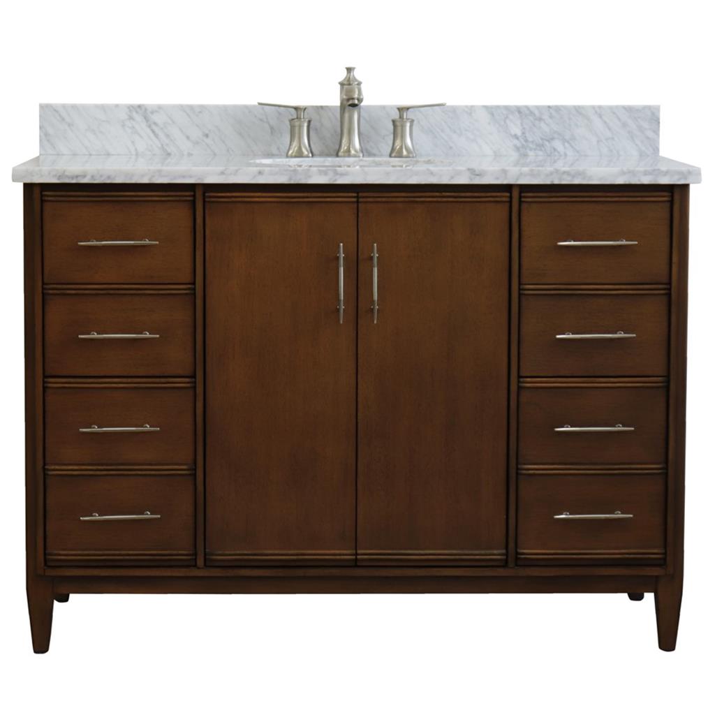 Bellaterra MCM 49" Single Vanity, Walnut, White Carrara Marble Top/Oval Sink