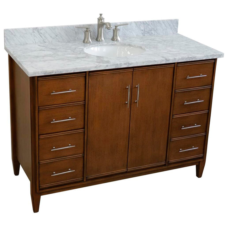 Bellaterra MCM 49" Single Vanity, Walnut, White Carrara Marble Top/Oval Sink