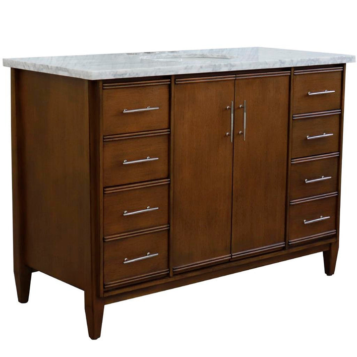 Bellaterra MCM 49" Single Vanity, Walnut, White Carrara Marble Top/Oval Sink